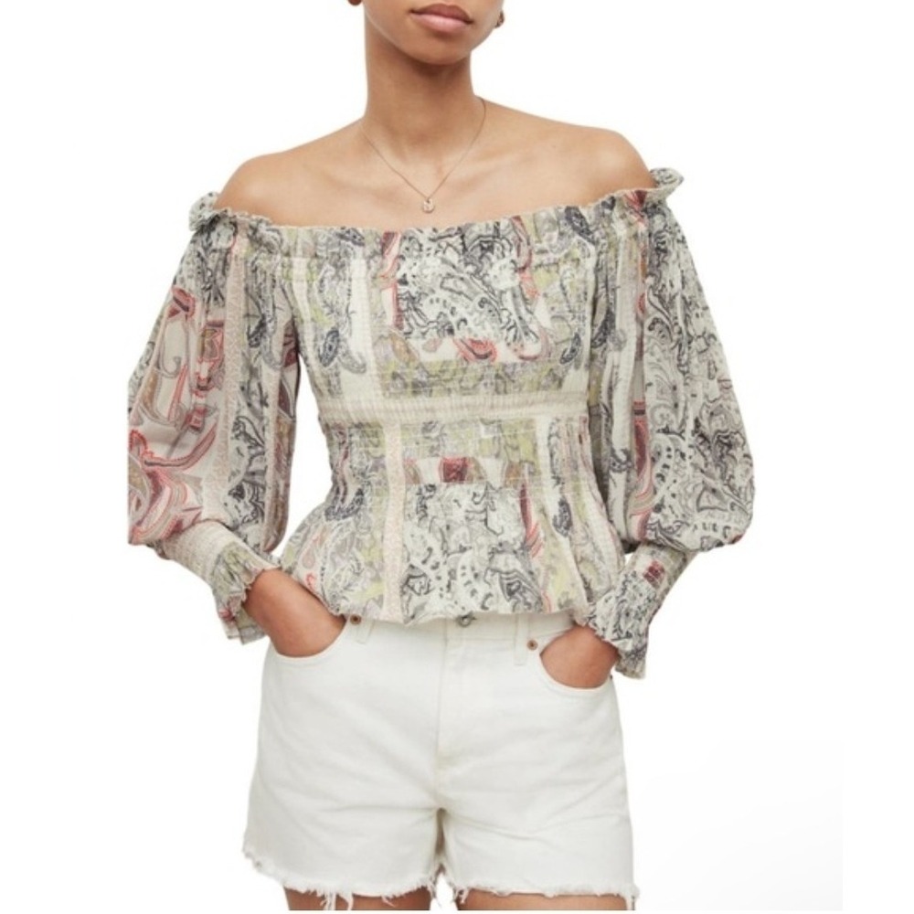 AllSaints Lara Makutu Top Women's US 4 Soft Pink Paisley Off Shoulder NWOT